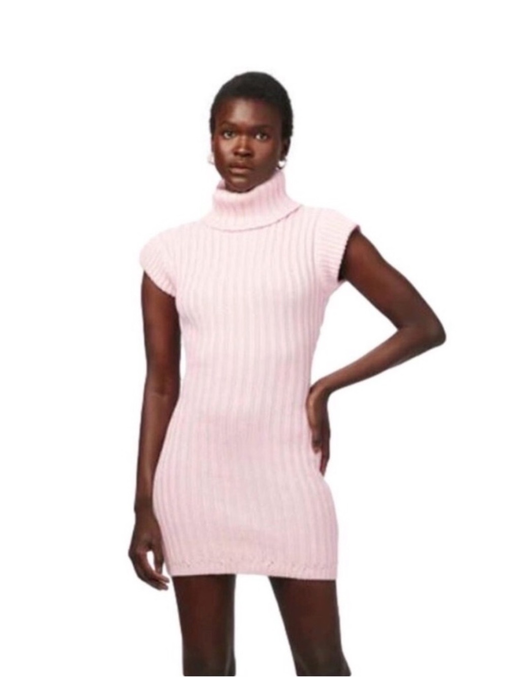 Naked wardrobe knit body mini Ribbed Turtleneck dress pink blush  xs